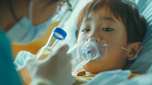 Blurred doctor adjusting an oxygen mask on a sick Asian child in a hospital bed.