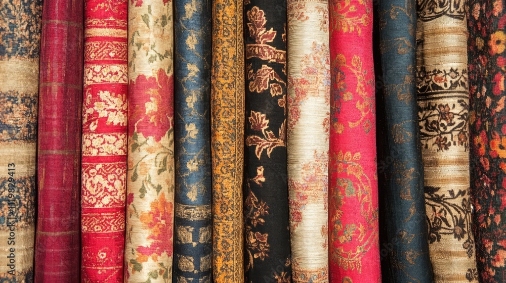 Poster collection of colorful textiles showcasing intricate patterns and vibrant colors in a variety of fab