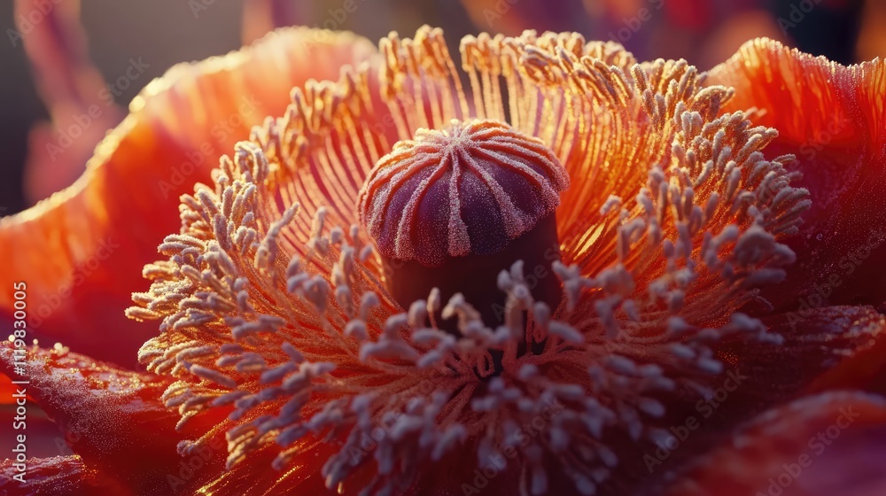 Poster close up view of a vibrant red poppy flower showcasing intricate details of petals and pollen struct