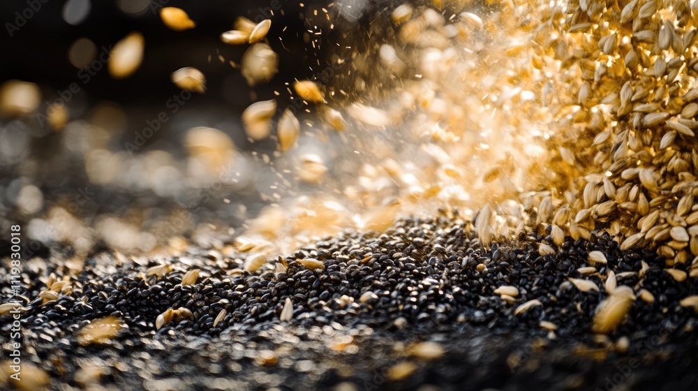 Poster dynamic close-up of seeds scattering across a rich textured surface creating an abstract backdrop fo
