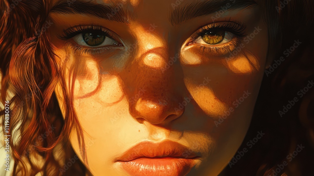 Poster close up of a woman's face with a serious expression illuminated by artistic light and shadow creati