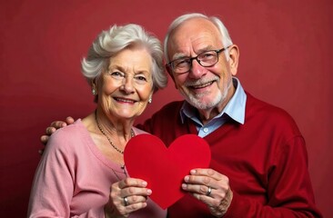An elderly couple in love on a red background with a paper heart, looks at the camera and smiles. The concept of Valentine's Day.