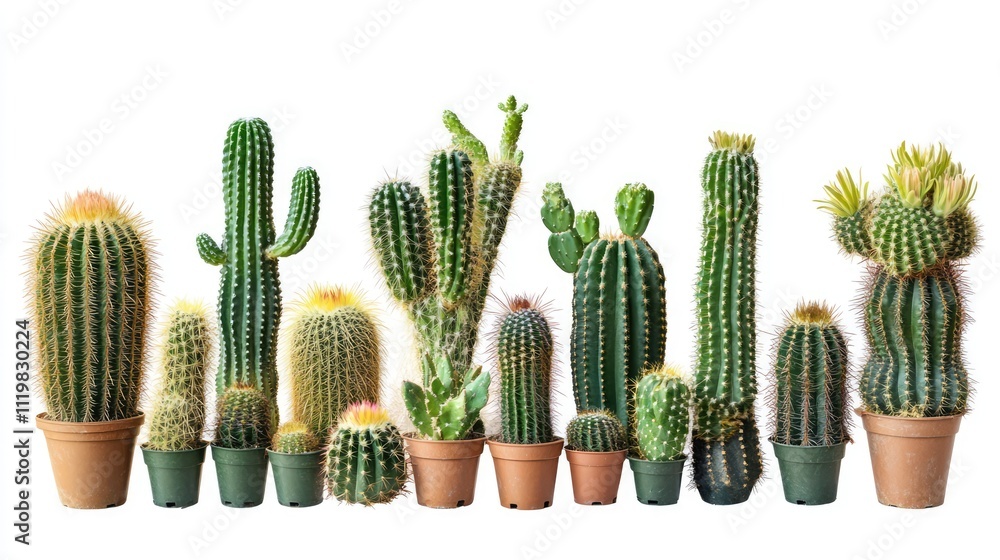 Poster assorted cacti of different sizes and shapes with long thorns in pots arranged on a white background