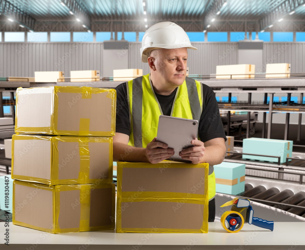 Poster man near conveyor belt with boxes. production line. specialist monitor operation of conveyor. automa