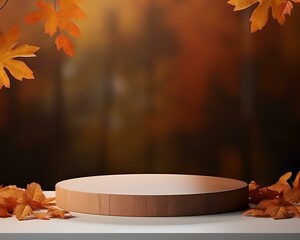 A circular wooden display surrounded by autumn leaves, set against a blurred fall background.