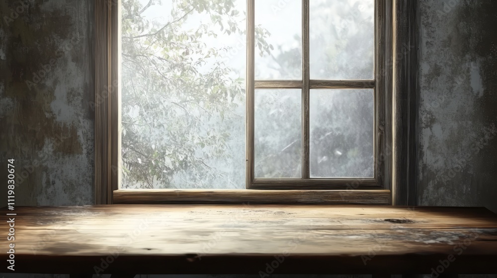 Poster rustic empty wooden table with sunlit window background and soft natural light filtering through, cr