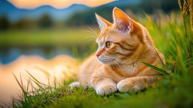 A serene orange tabby cat relaxing on green grass near a calm lake during sunset, AI - Powered by Adobe