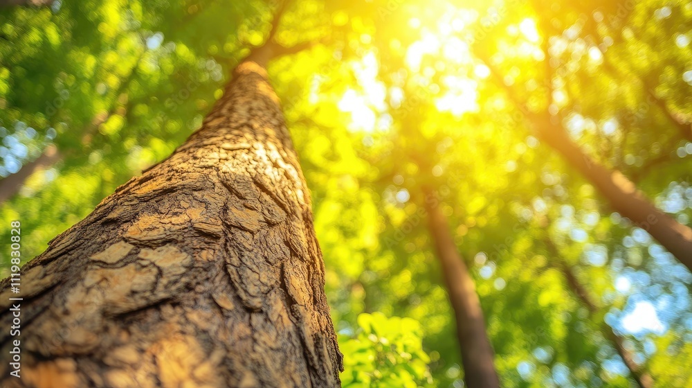 Aufkleber close up of an illuminated tree trunk with branches in a tranquil sunlit forest showcasing a serene 