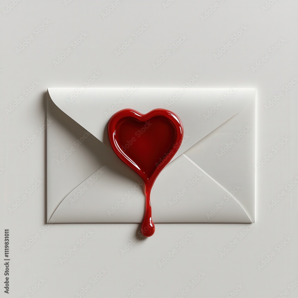 Poster a red heart is stuck to an envelope with red wax dripping from it