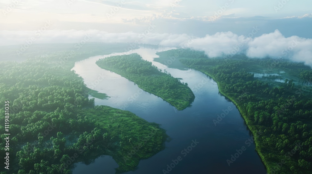Poster aerial view of a serene river winding through lush wilderness with reflections and mist creating a t