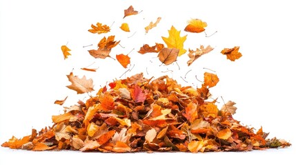 Colorful autumn leaves swirling and falling into a vibrant pile against a bright background representing the beauty of fall season.