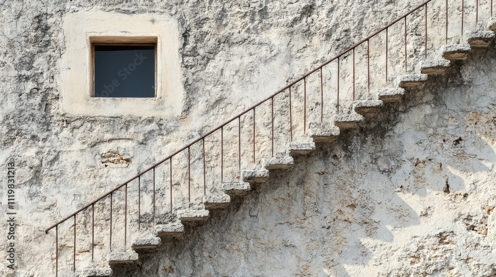 Poster a close up of a weathered stone wall with a simple metal staircase leading to a small window illustr