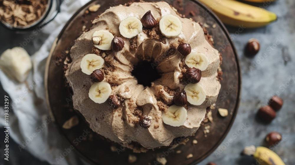 Poster delicious banana bundt cake with hazelnut spread frosting garnished with sliced bananas and hazelnut