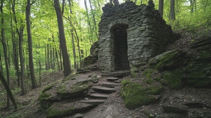 Ruins in a dense forest showcasing ancient architecture surrounded by vibrant green foliage and natural stone pathways.