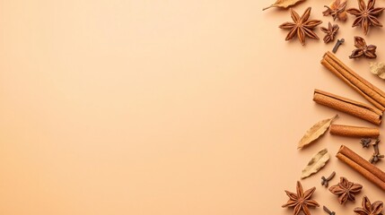 A collection of various spices, including cinnamon and star anise, arranged artistically on a light-colored background.