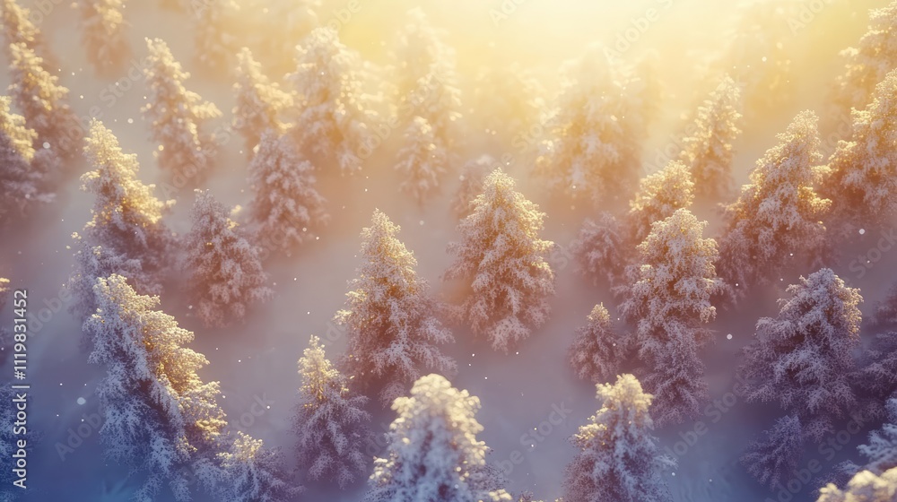 Poster aerial view of winter forest with spruce and pine trees covered in snow illuminated by a setting sun