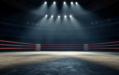 Empty ring in dark stadium with piercing spotlight illuminating space