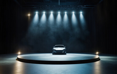 sleek car on circular stage illuminated by dramatic lights in dark space