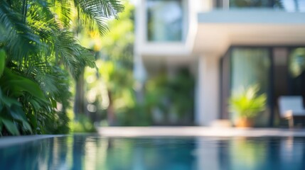 Tranquil Tropical Villa Exterior with Lush Greenery and Swimming Pool in Soft Focus
