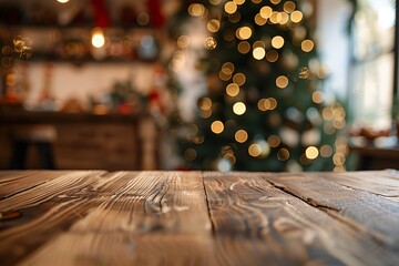 Wooden countertop table surface for product shots, in focus on foreground, blurred soft focus Christmas tree and decorated room in the background. Christmas home interior, background. Great backdrop