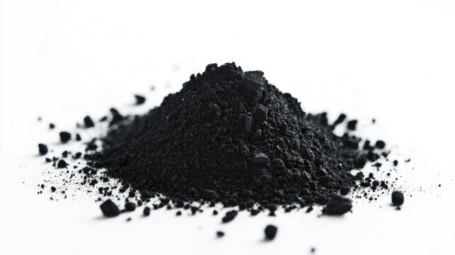 Black powder explosion detail of charcoal dust particles scattered on a white background showcasing the texture and distribution of the material