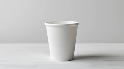 Minimalist white cup with office supplies on light wooden background for workspace or branding concepts.