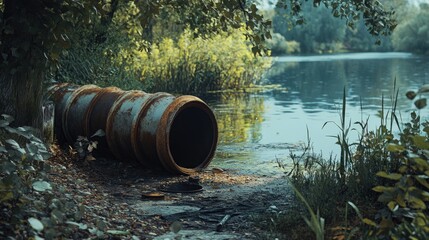 Abandoned sewer pipe on riverbank surrounded by lush greenery and calm water reflecting nature's tranquility and neglect of industrial remnants