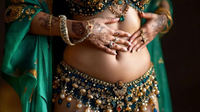 Oriental Belly Dance: Exquisite Beauty and Grace with Gold Jewelry and Henna Painting,
