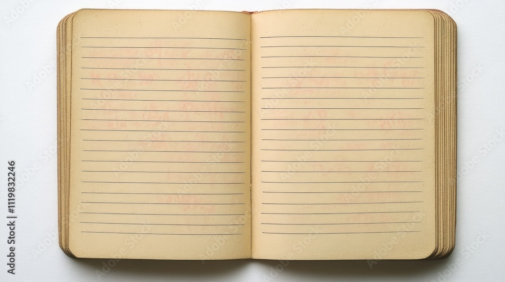 Poster vintage blank notebook pages with red lines displayed on a white background for creative writing or 
