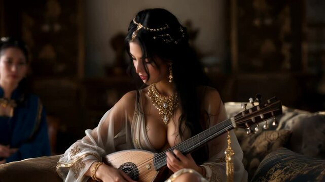Girl playing the lute, exquisite outfit and atmosphere of coziness and elegance