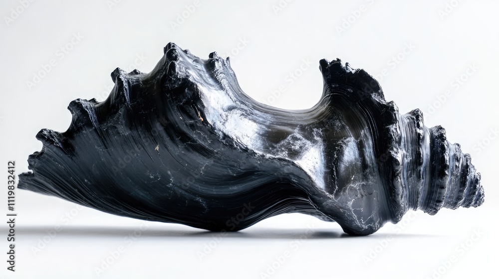 Poster black murex seashell showcasing intricate textures and patterns captured from a side angle on a clea