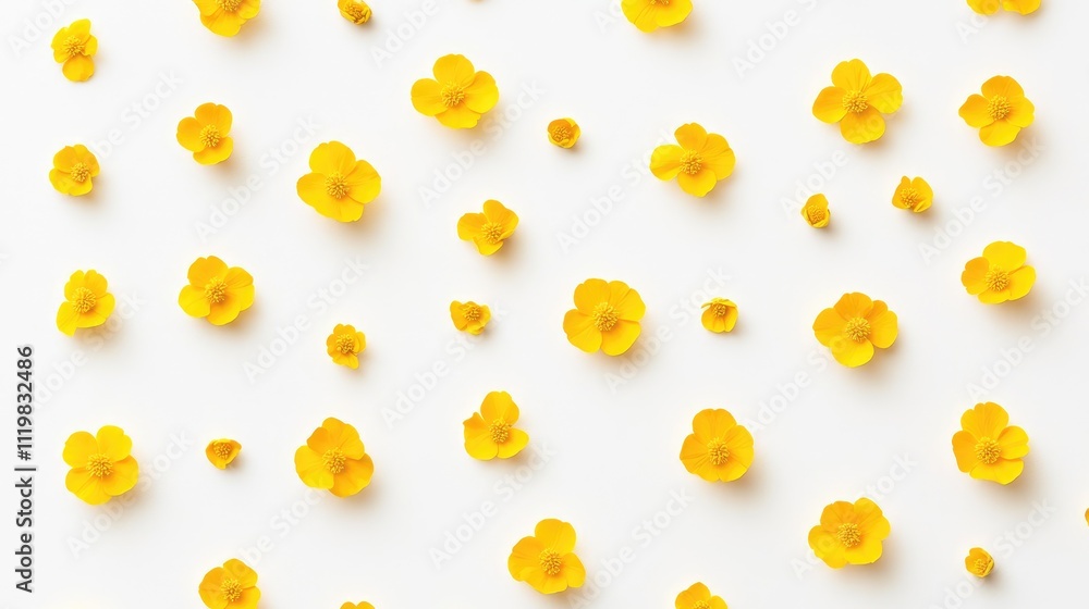 Poster intricate flat lay of yellow buttercup flowers creating a vibrant pattern on a white background perf