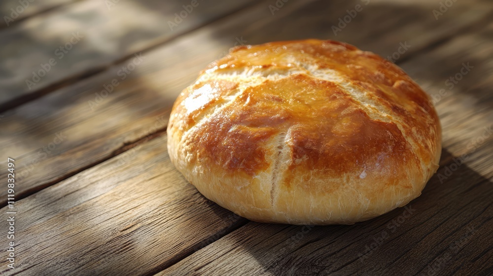 Aufkleber freshly baked round bread loaf on rustic wooden table with warm lighting and soft shadows creating a
