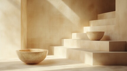A serene interior with minimalist bowls and soft lighting on steps.