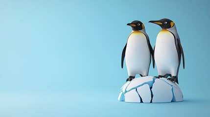 Fototapeta premium Environmental consideration concept. Two penguins on a cracked ice surface against a soft blue background.