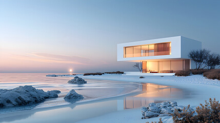 Minimalist Beachfront Home Under Crescent Moon at Sunset
