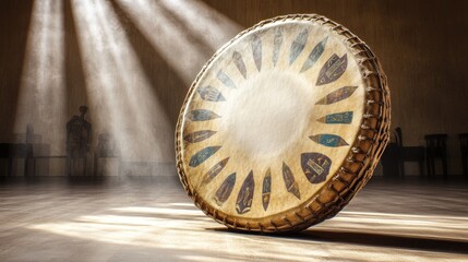Fototapeta premium A large decorative drum illuminated by soft light in a spacious room.