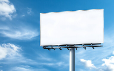 blank white billboard stands tall against bright blue sky with clouds, perfect for advertising
