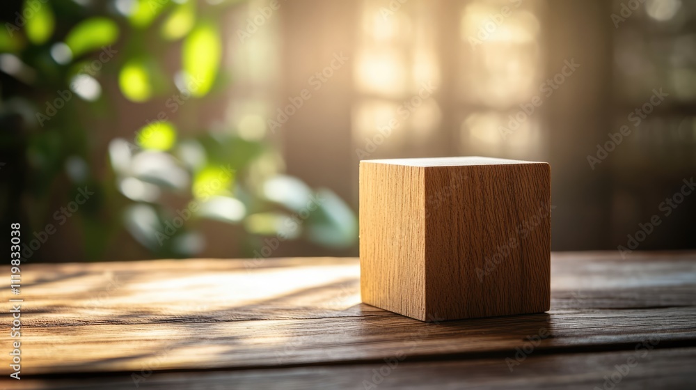 Poster blank wooden cube block on wooden table illuminated by sunlight with soft shadows and greenery in th