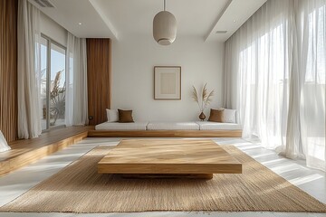 Fototapeta premium Minimalist, Scandinavian interior design in a well-lit living room with white sofas and wood furniture. Generative AI 