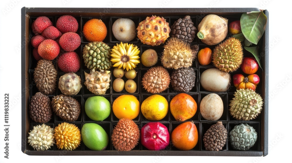 Poster assorted exotic fruits displayed in a box isolated on white background showcasing vibrant colors and