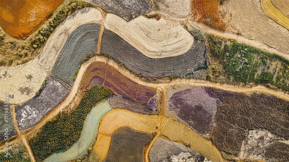Poster aerial view of vibrant agricultural patchwork fields with varied textures and colors interspersed by