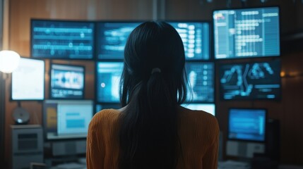 Young Asian woman working remotely on data science and AI projects at home with multiple screens displaying big data analytics and programming.