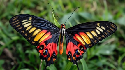 Fototapeta premium Vibrant multicolored butterfly perched on green grass showcasing stunning wing patterns and intricate details in natural habitat