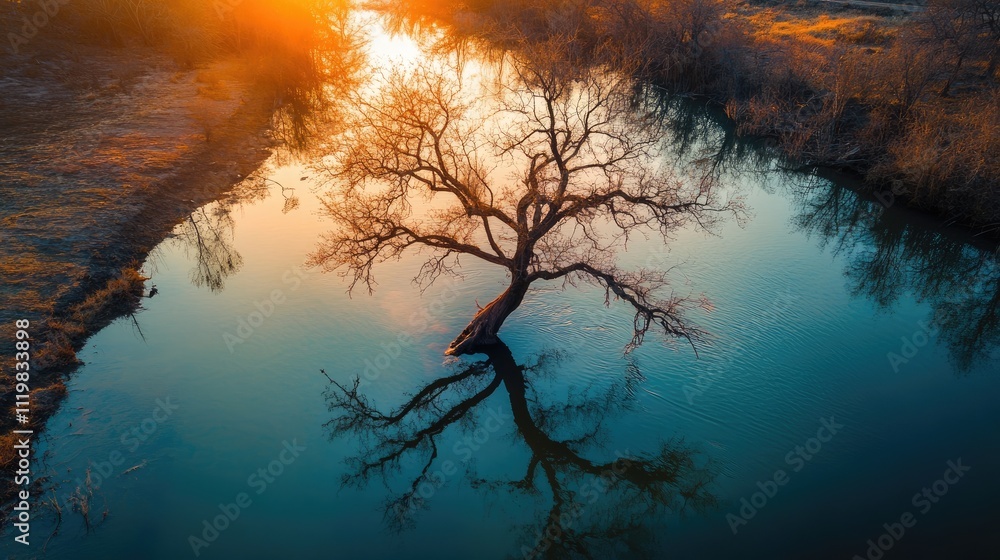 Poster aerial view of serene river at sunset with a submerged tree creating beautiful reflections in calm w