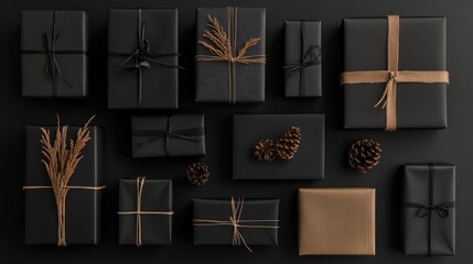Elegant black and kraft Christmas gifts arranged on a black background with blank copy space for seasonal promotions or holiday advertisements