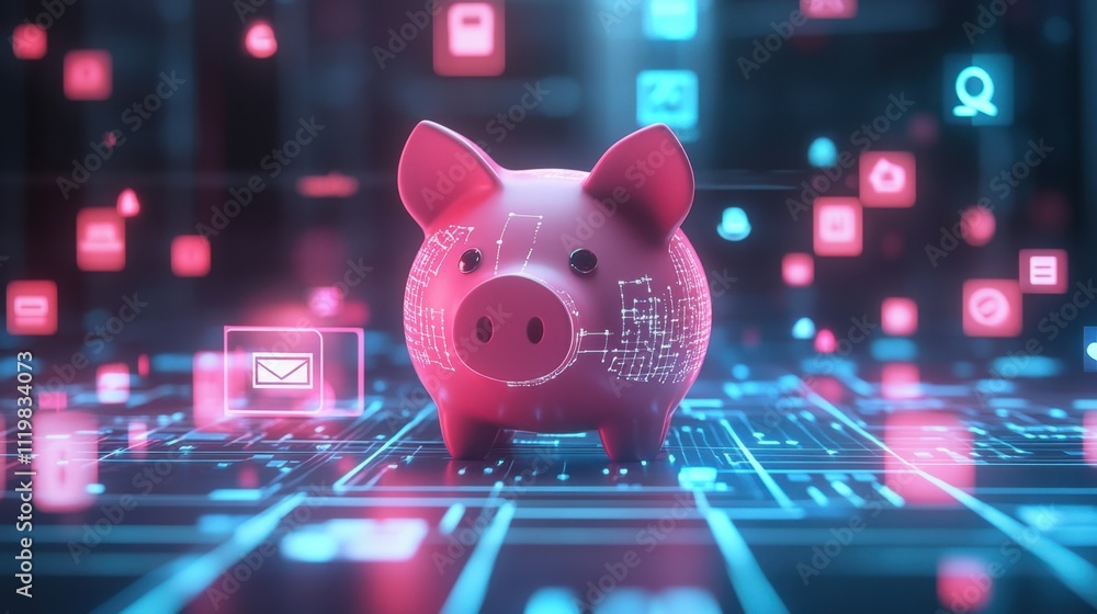 Poster digital piggy bank concept with data and technology background