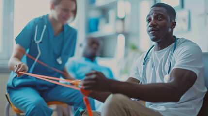 Obraz premium Blurred rehabilitologist and African American patient doing exercises with elastics.