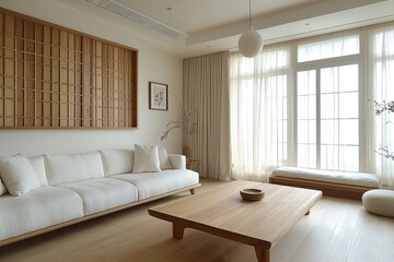 Fototapeta premium Minimalist, Scandinavian interior design in a well-lit living room with white sofas and wood furniture. Generative AI 