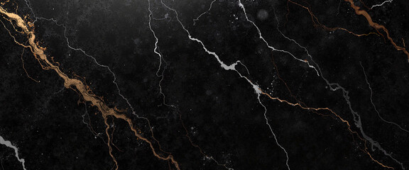 Stunning black marble texture with intricate gold and white veins illuminated by soft light, copy space